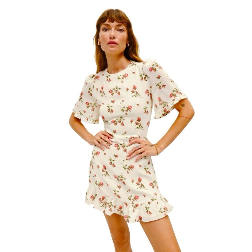 REFORMATION Alaina Floral Beige Pink Romantic Cutout Flutter Sleeve Minidress 2